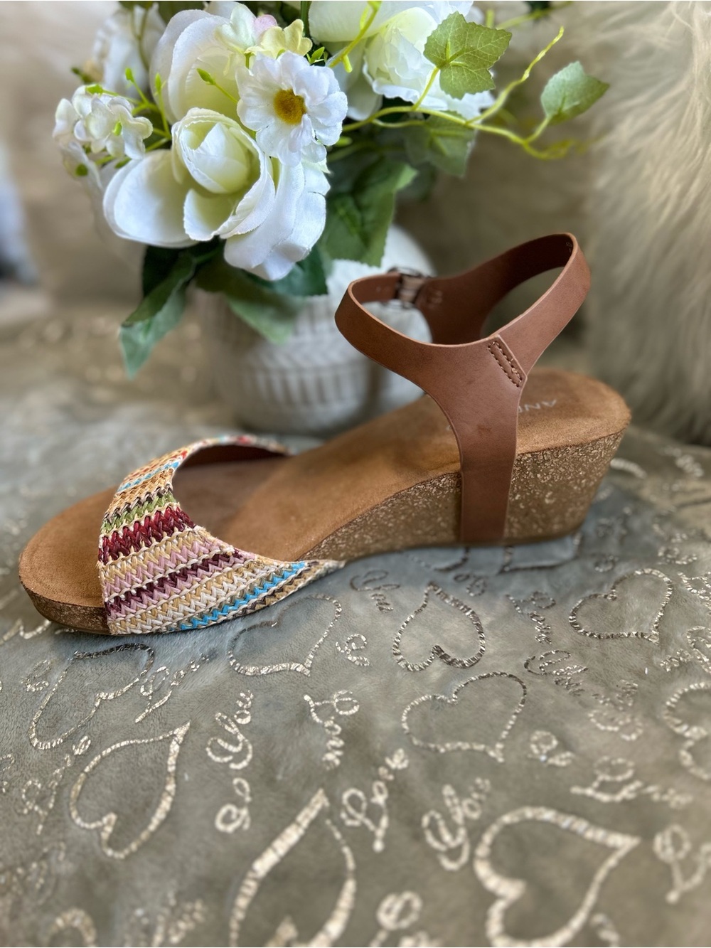 NEW Andiamo, Size 11W, Multicolor Woven Strap Tan Ankle Strap Sandals - Picture 2 of 5